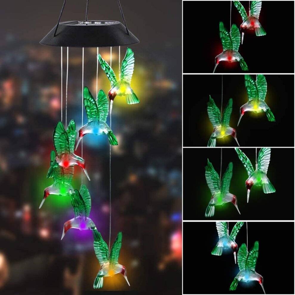 GOPatriot Memory 2 Pack Solar Hummingbird Wind Chimes, Color Changing