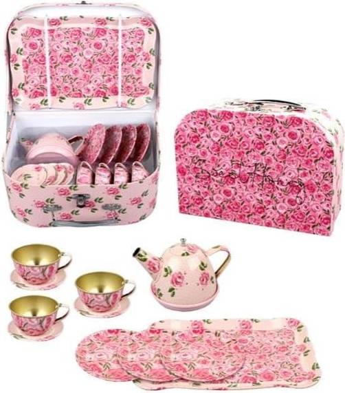 Tea Set In Suitcase With Flowers