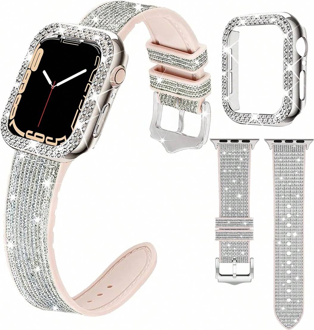 Shein 2pcs Crystal Rhinestone Watch Band & Case Set