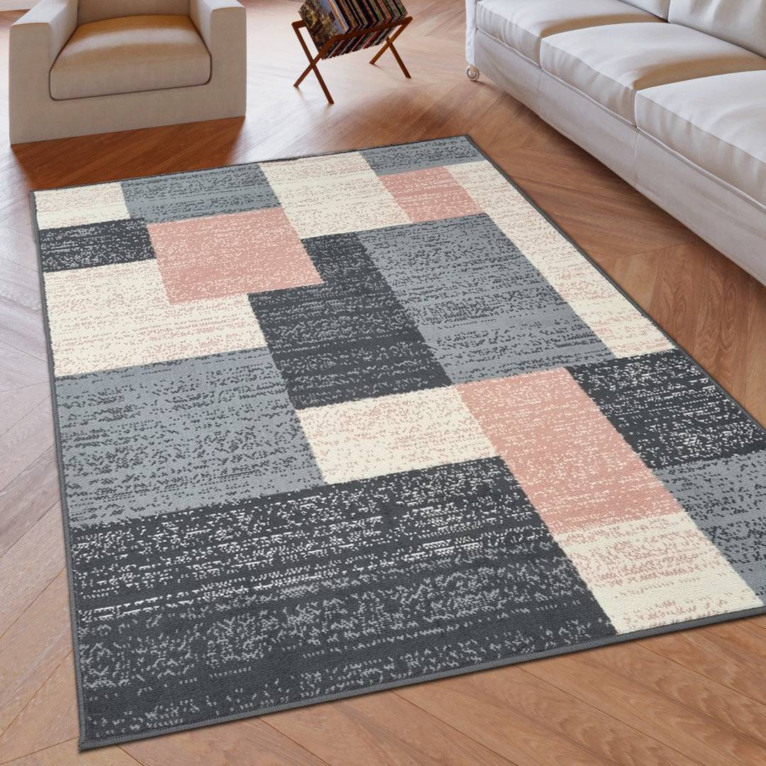 Ivy Bronx Balfore Machine Woven Grey/Pink Rug