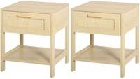 Homcom Bedside Nightstand Set Rattan Drawer Storage Shelf Sengebord