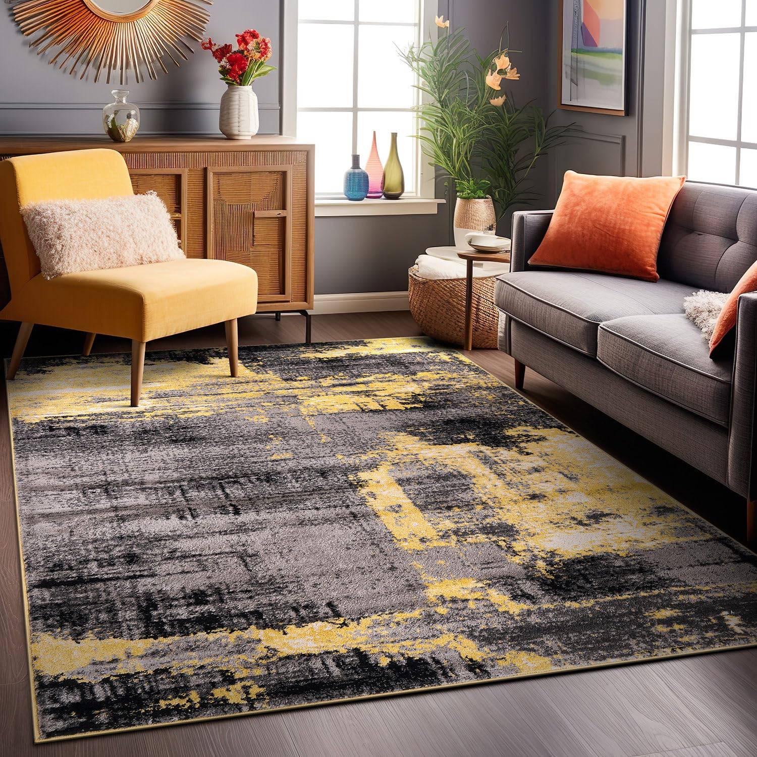 World Rug Gallery Modern Abstract Yellow, Black