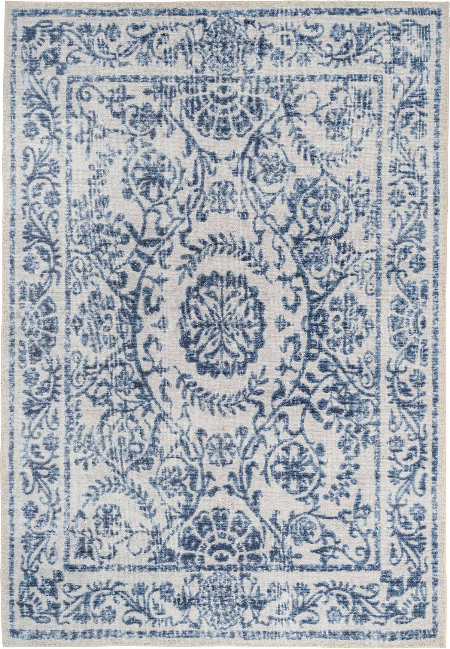 Blue Damask Floral Non Slip Rug