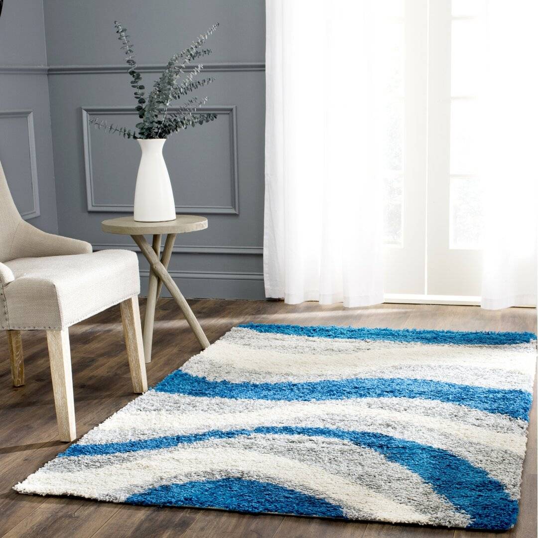 Ebern Designs Evander Hand Made Grey/Blue Rug