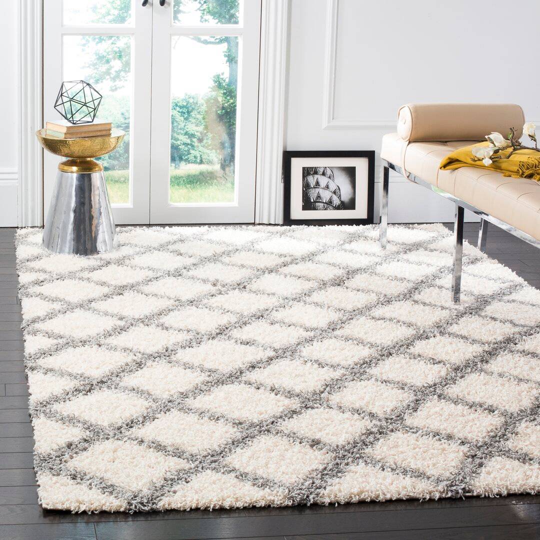 Ebern Designs Chihiro Hooked Ivory Rug White