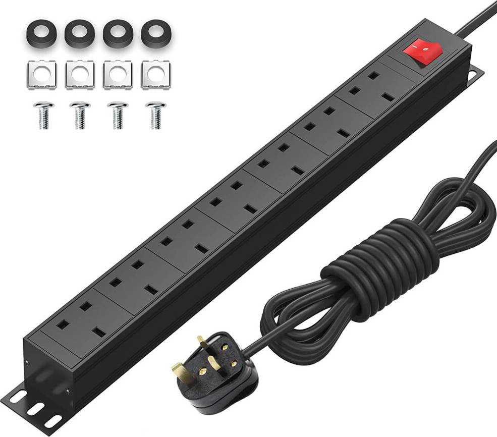 Extension lead with switch Extension Lead 7 Way Power Strip with Switch, Multi Plug Socket Horizontal 13amp PDU Power Distribution Unit, Rack Mount Power