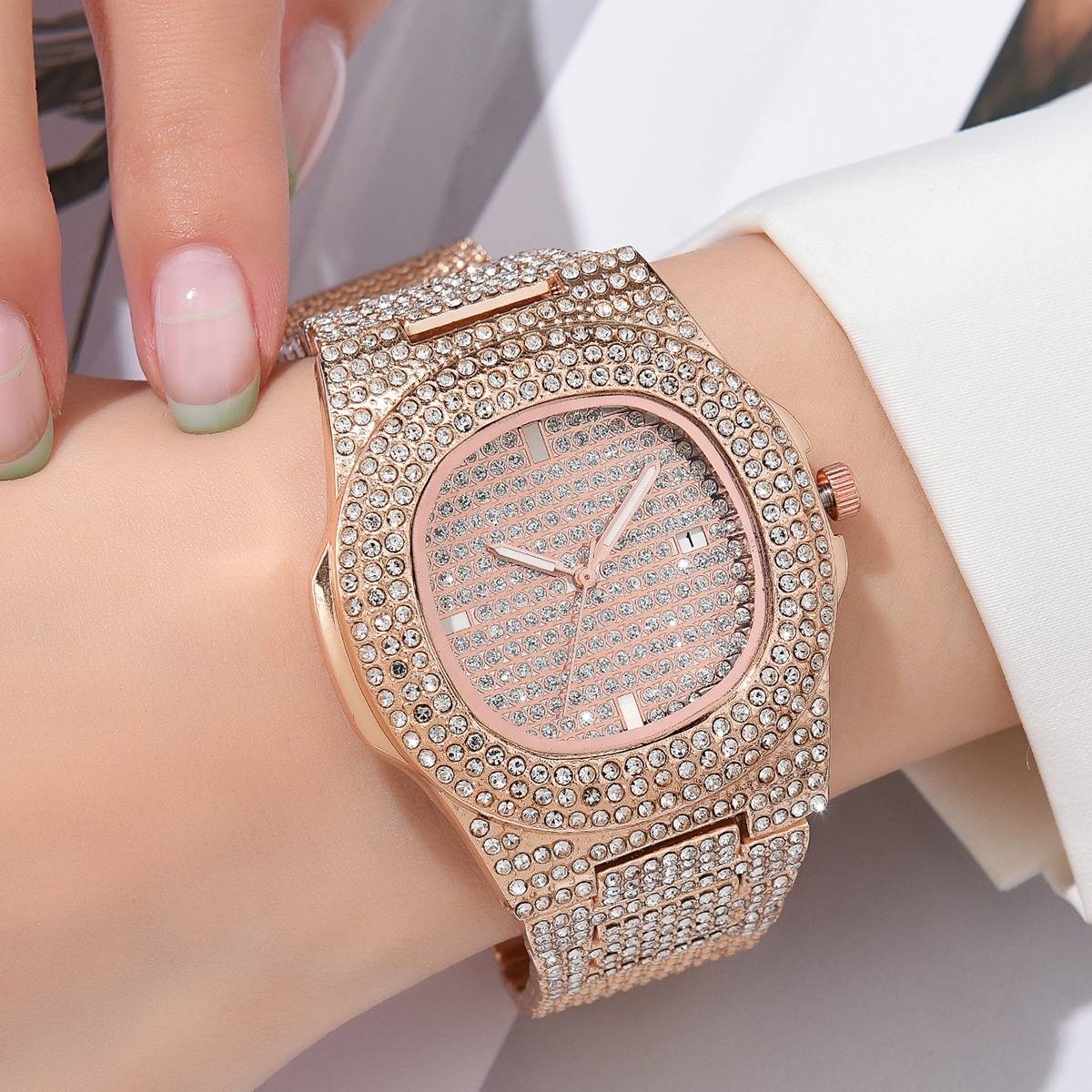 Shein Rhinestone Decor Square Pointer Date Watch