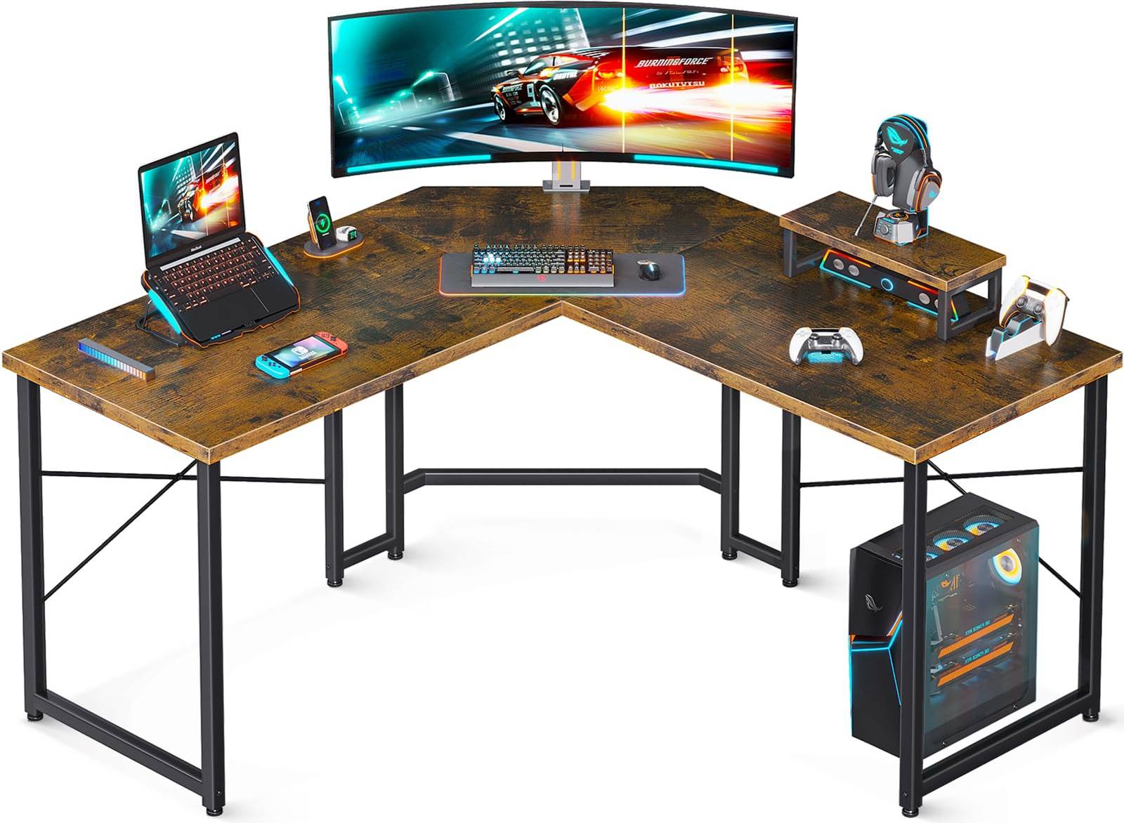 AODK L Shaped Gaming Desk With Large Monitor Riser Stand