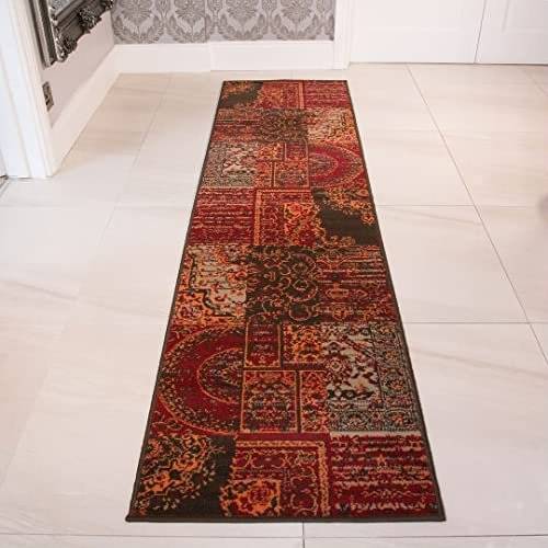 The Rug House Traditional Red Patchwork Runner Brown