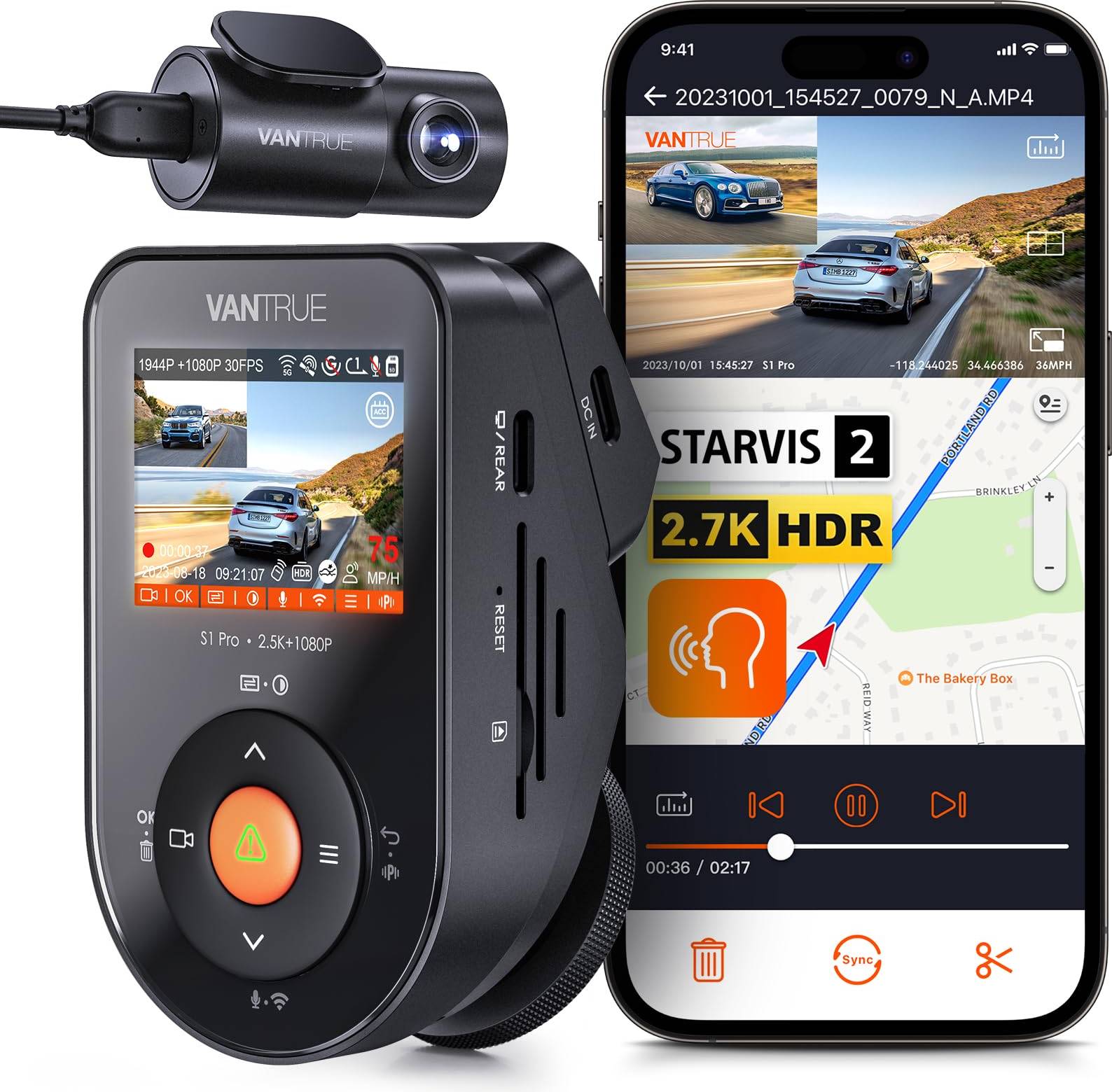 Dash camera front and rear Vantrue S1 Pro 2.7K Front Rear Dash