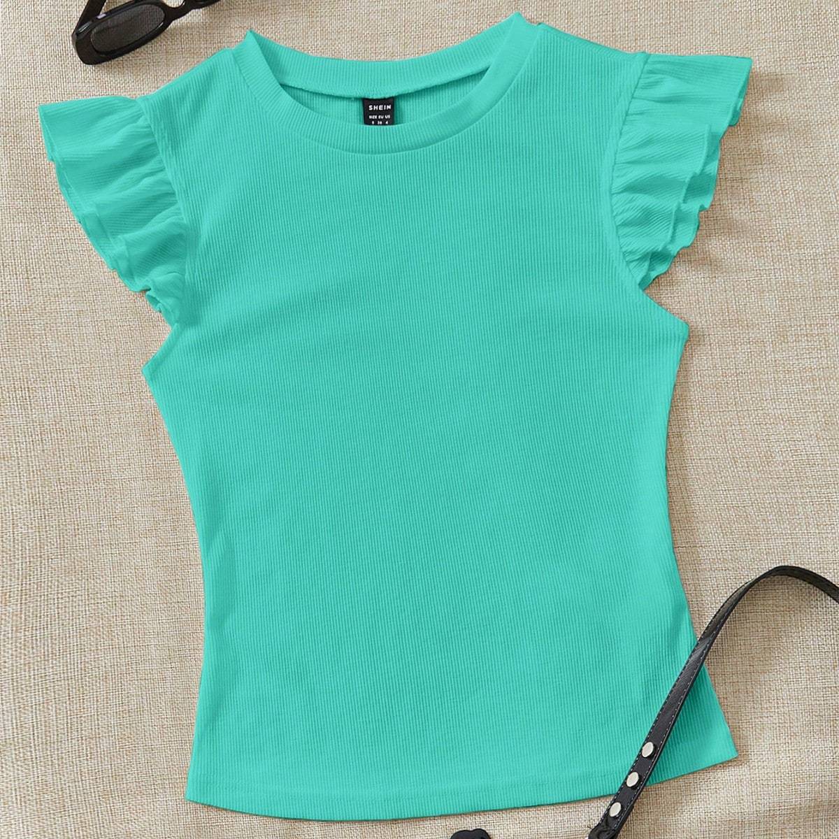 Shein Solid Color Round Neck Ruffled Detail Decorated T-Shirt