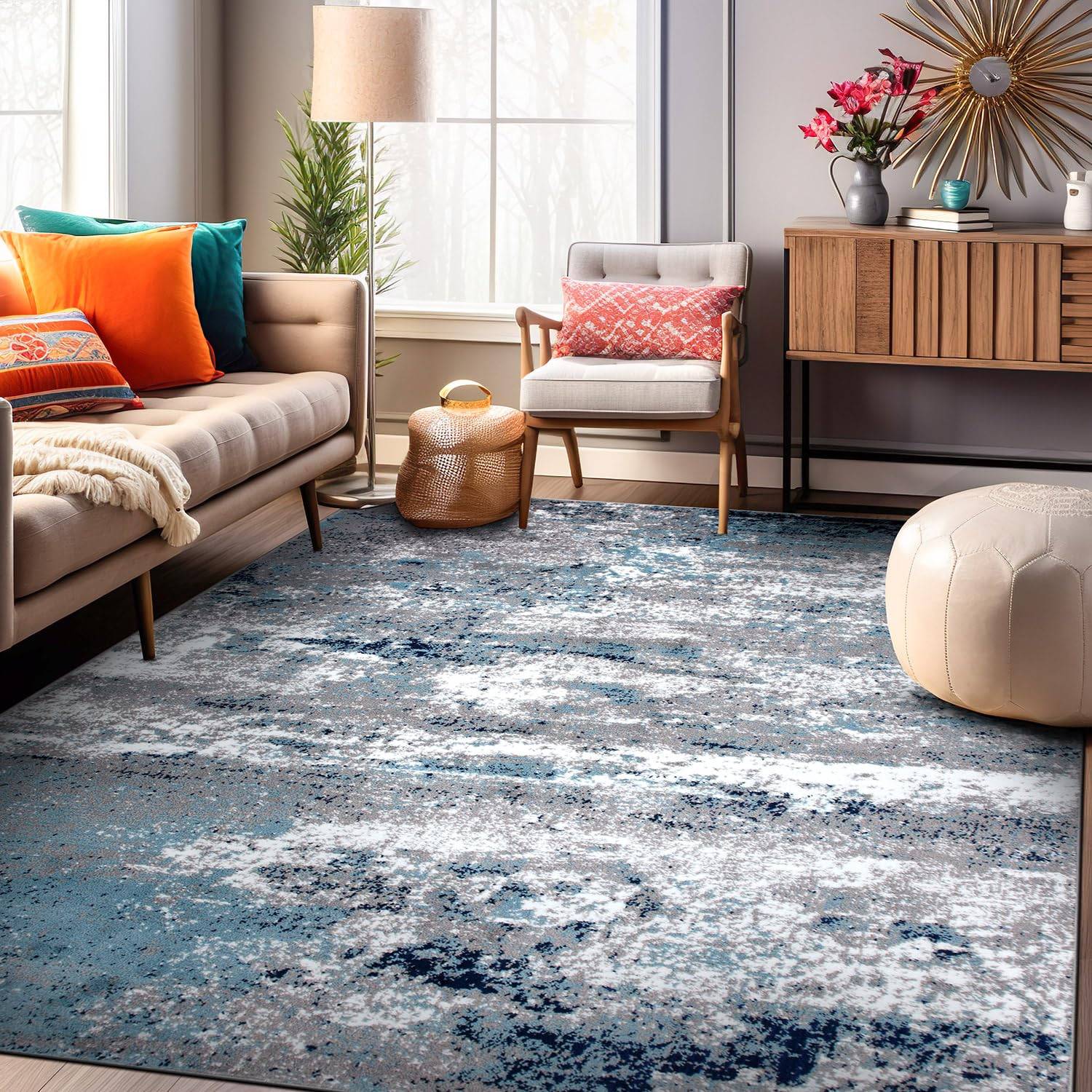 World Rug Gallery Distressed Abstract Blue 9x12"