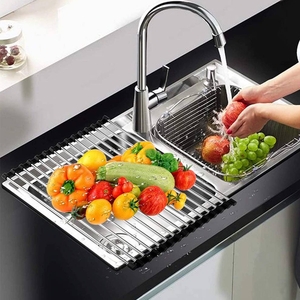 Over the sink dish rack Kitchen Over the Sink Rack Roll Colander Dish Drainer