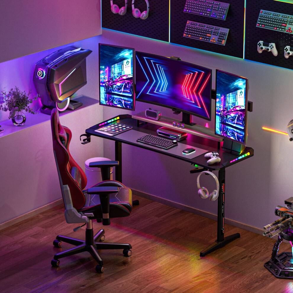 Unho 160cm Gaming Computer Desk RGB LED Racing Table Home Height Adjustable - Black