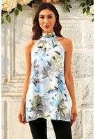 FS Collection Floral Print Halter Neck Tie Back Top In Grey Blue Multi