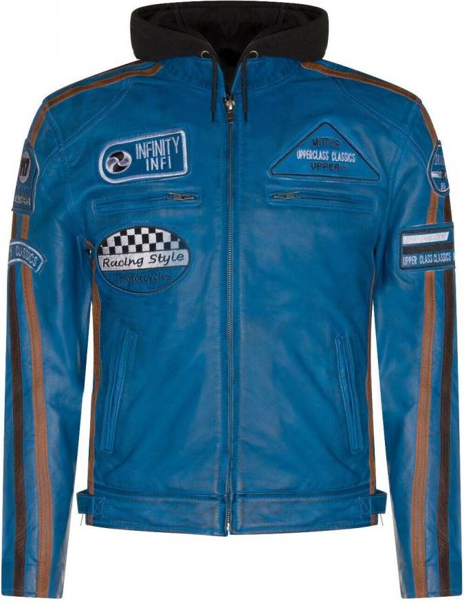 Infinity Leather Infinity Leather Mens Racing Hooded Biker Jacket-Detroit Blue