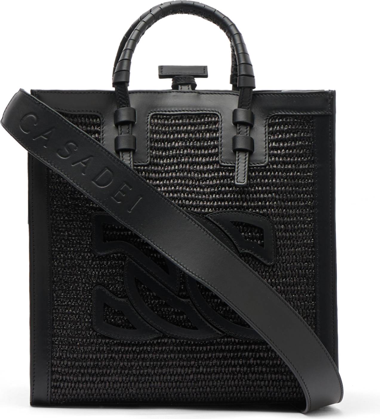 Sort Raffia Tote Bag med Læderdetaljer - Sort