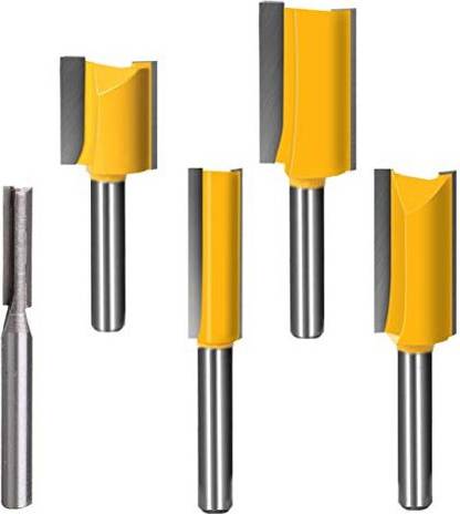 LFSEMini Router Bit Set 1/4 inch Straight Router Bit 5pcs Double Flute Woodworking Milling Cutter Top Bearing Trim Pattern Template Router Bit Set 1/4&quot