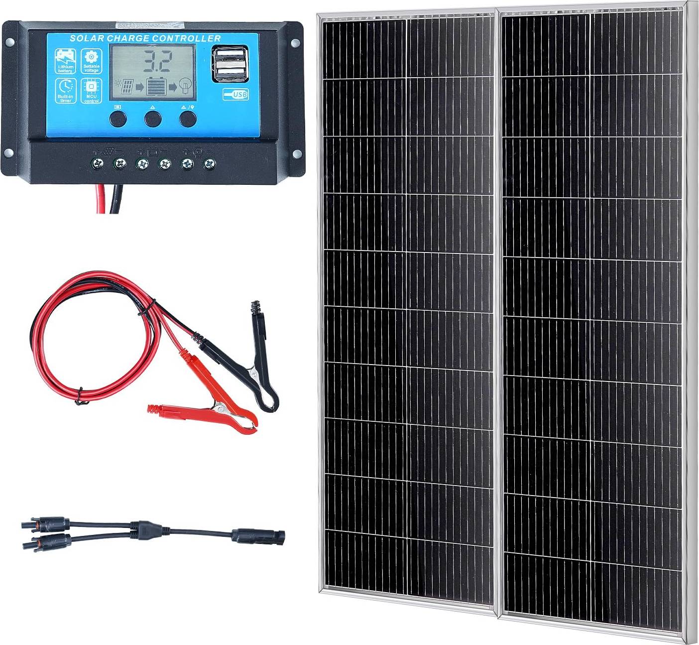 VEVOR 200W Monocrystalline Solar Panel Kit, 2PCS Monocrystalline Solar Panels Charge Controller, 23% High-Efficiency Monocrystalline PV Module, IP68 Waterproof for Camping, RV, Boat, Off-Grid System