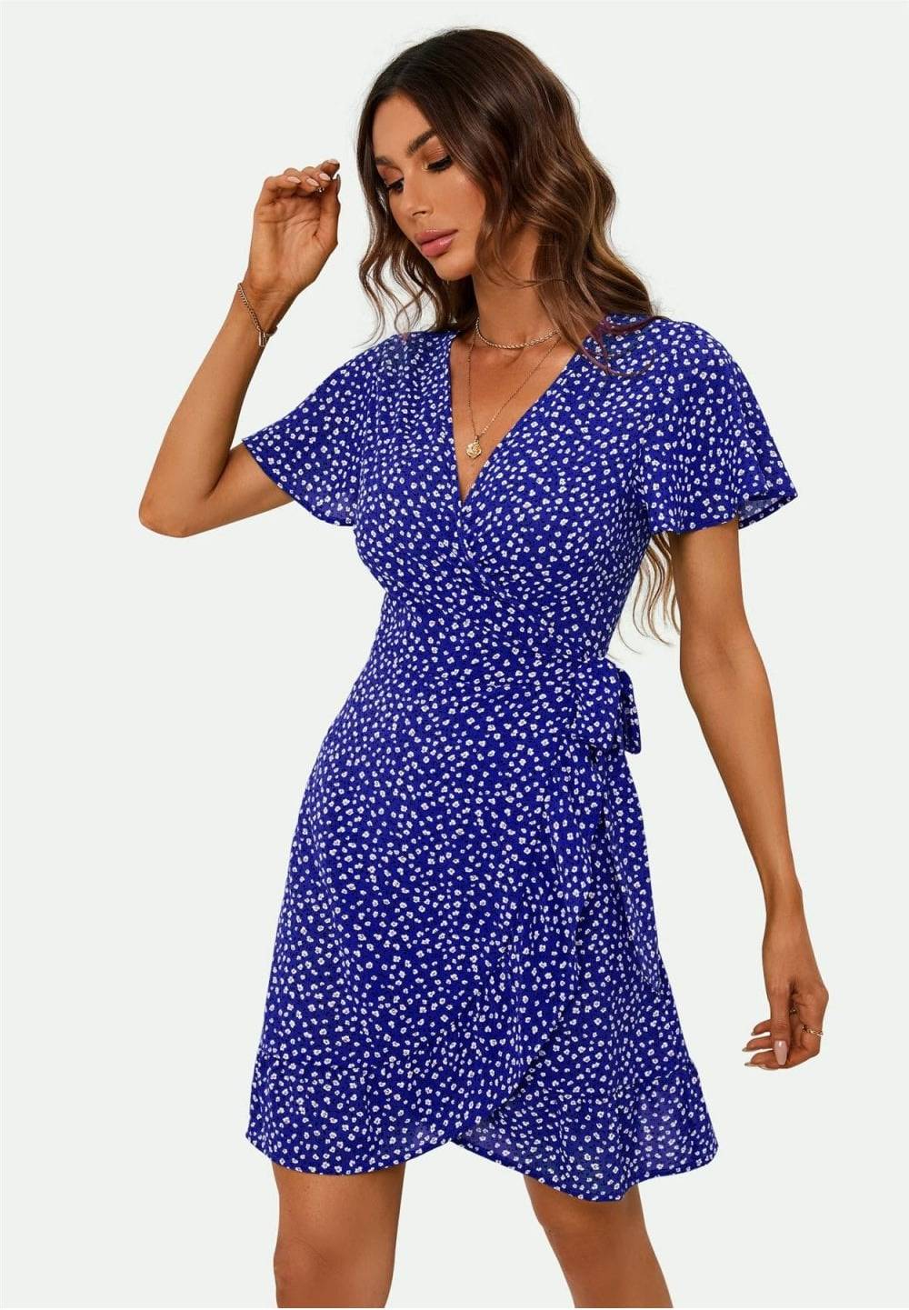 FS Collection FS Collection Floral Print Mini Wrap Dress In Green Colour: Green