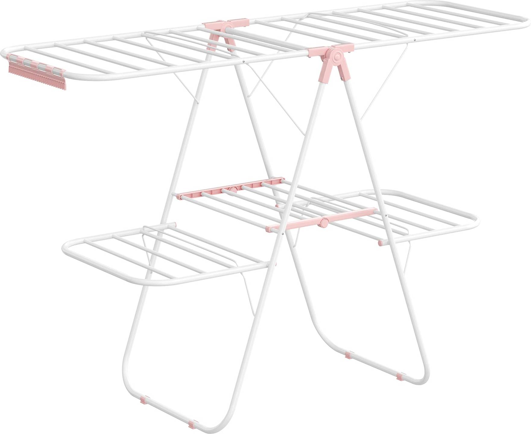 Laundry drying rack foldable Songmics Clothes Drying Rack, Foldable 2-Level Laundry Drying Rack, Free-Standing Large Drying Rack, with Height-Adjustable Wings, 33 Drying Rails, Sock Clips, White and Pink ULLR053P01