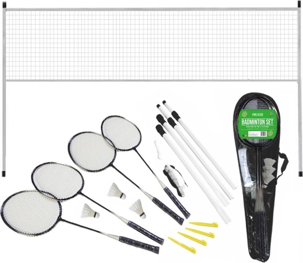 Rexco Badminton Set 4 Player Rackets Shuttlecocks Poles Net Bag