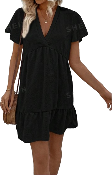 Shein EMERY ROSE Women's Solid Color V-Neck Ruffled Hem Dress