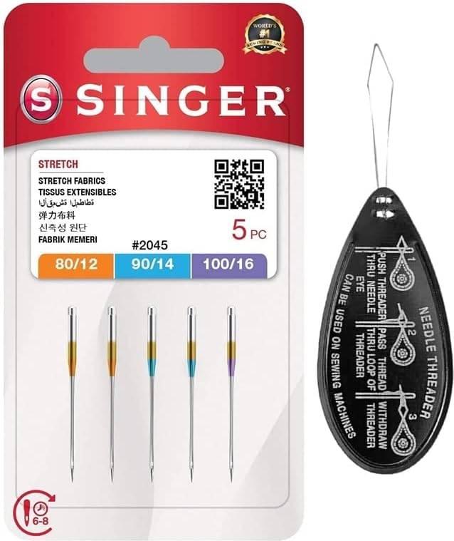 Singer Assorted Sizes Stretch Ball Point 2045 Sewing Machine Needles + Large Needle Threader