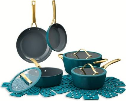 Thyme and table cookware set Thyme & Table 12-Piece Ceramic Ribbed Collection Peacock Cookware Set with lid