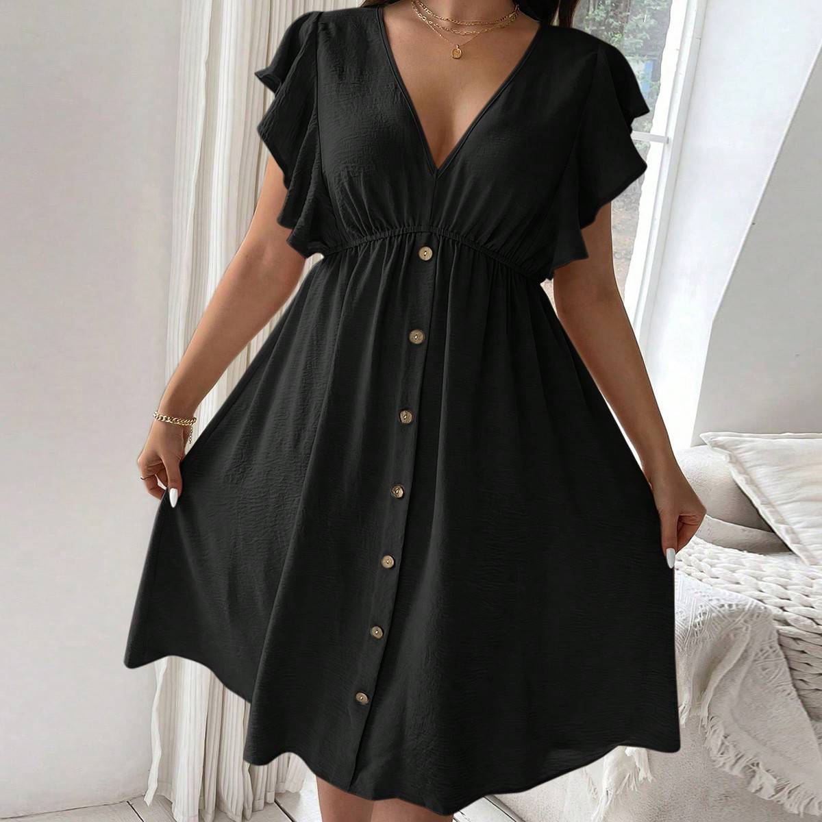 Shein Plus Solid Color Buttoned VNeck Dress With Ruffle Hem