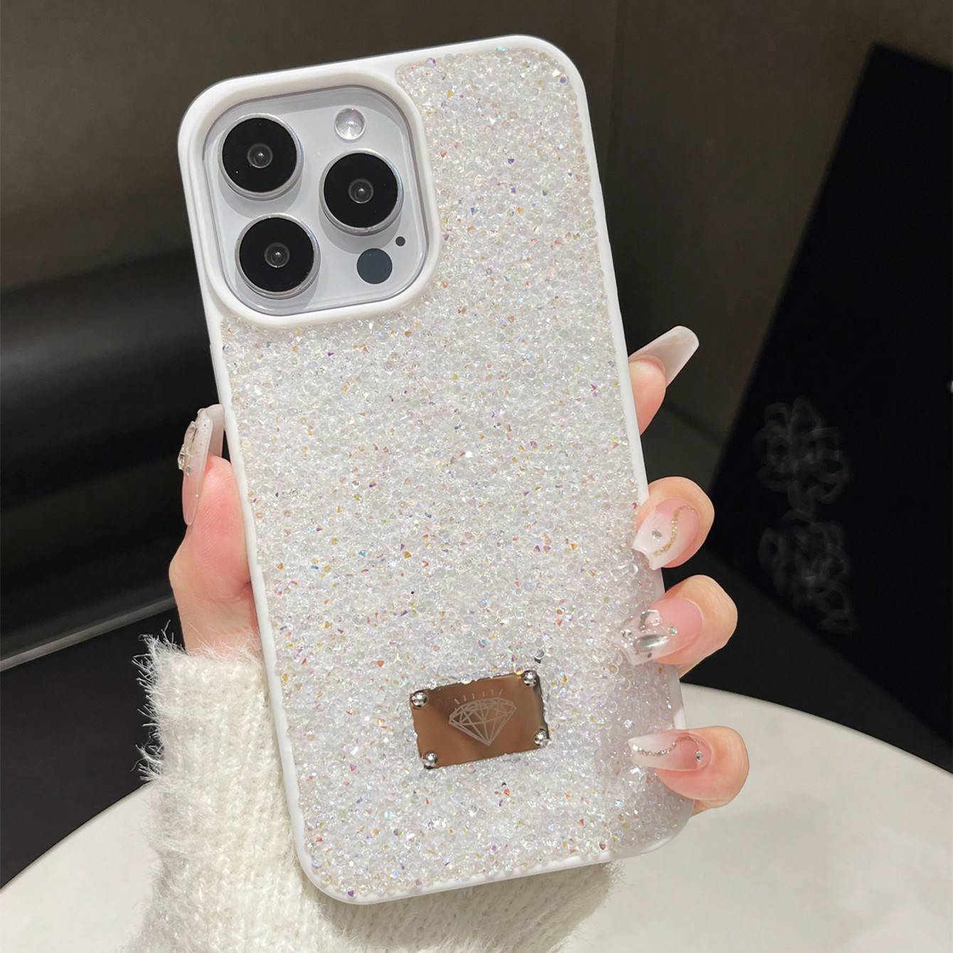 Iphone 15 pro max white Shein White SkinTouch Full Rhinestone Shockproof Phone Case Compatible With iPhone 15 Pro Max