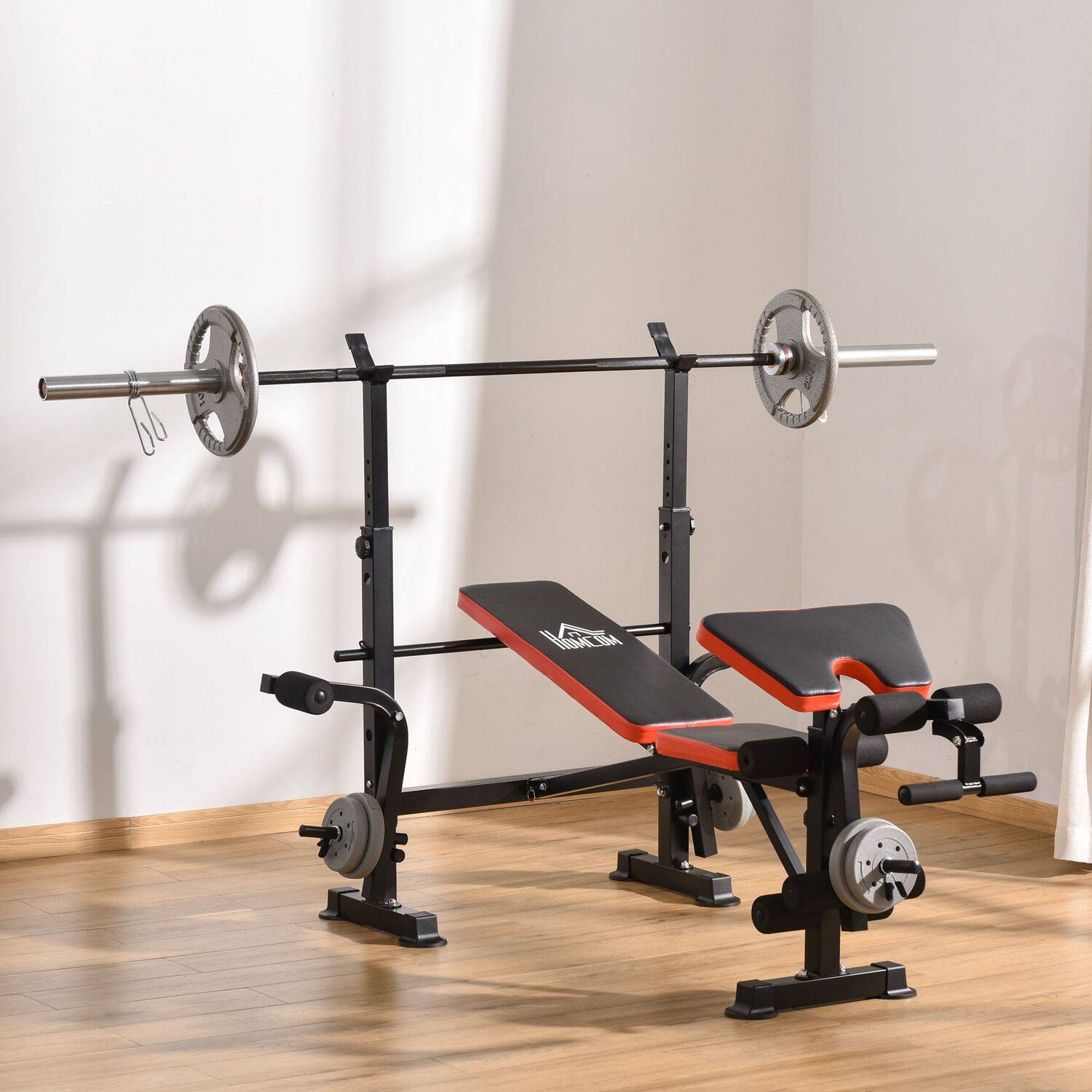 Homcom adjustable weight bench Homcom Adjustable Weight Bench with Leg Developer Barbell Rack