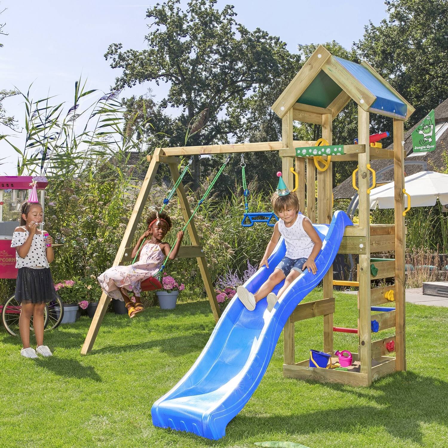 Jungle Gym Patio 2-Swing Module med Blå Rutsjebane