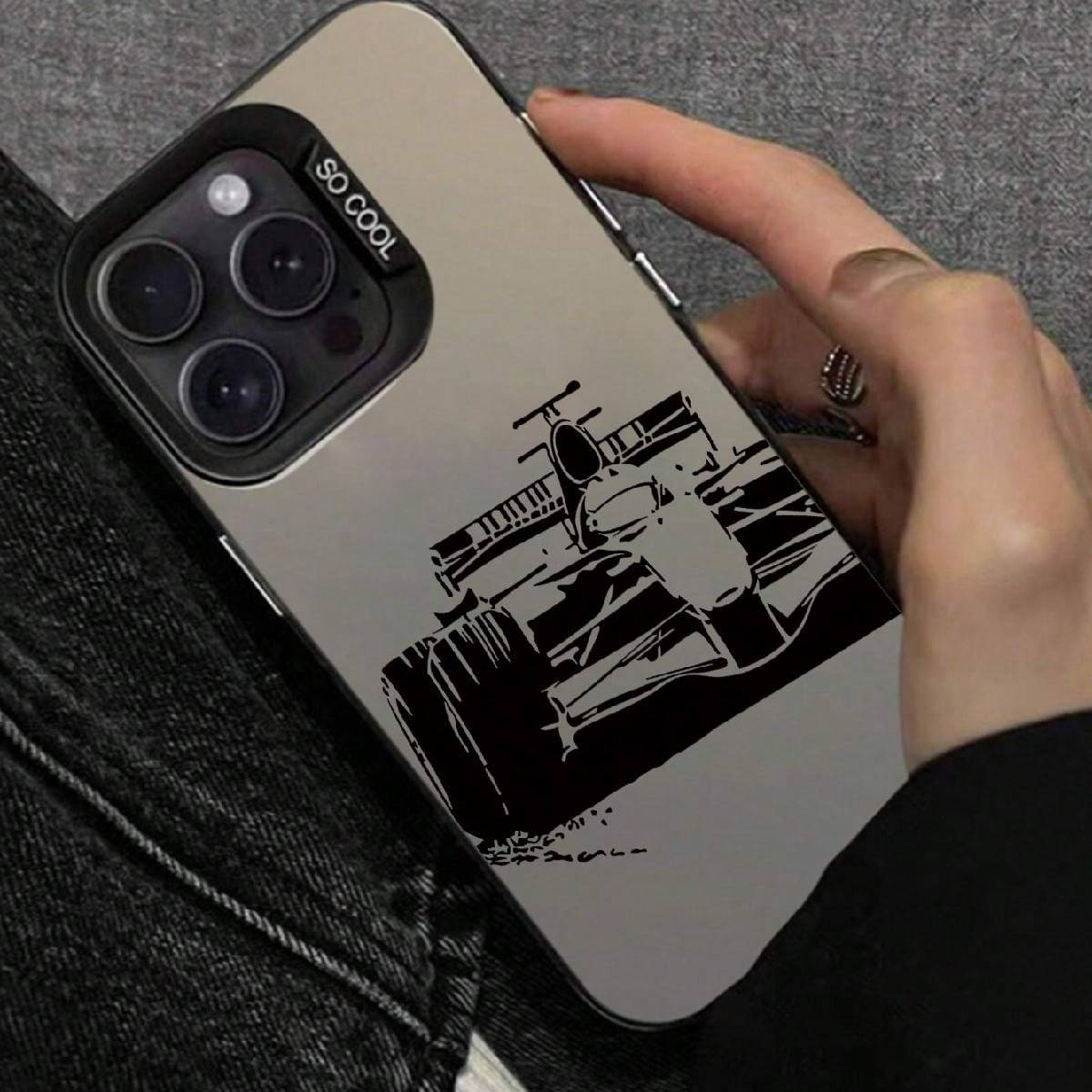 Shein pc Racing Car Pattern Colorful Silver Phone Case Compatible With Apple Smartphone