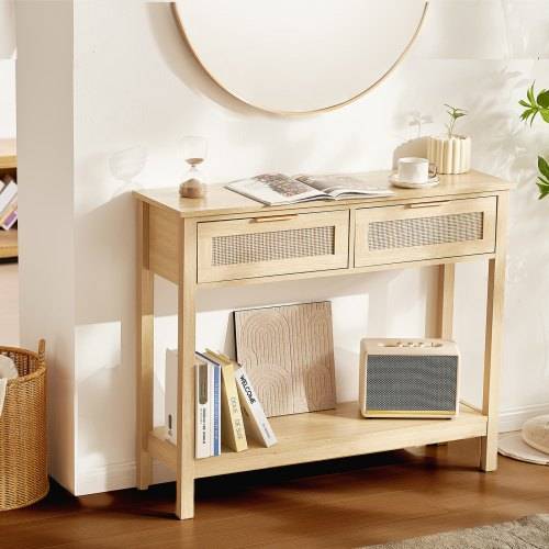 VEVOR Rattan with 2 Storage Drawers Console Table