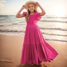Shein Tween Girl's Solid Color Lace Patchwork Dress With Ruffle Trim
