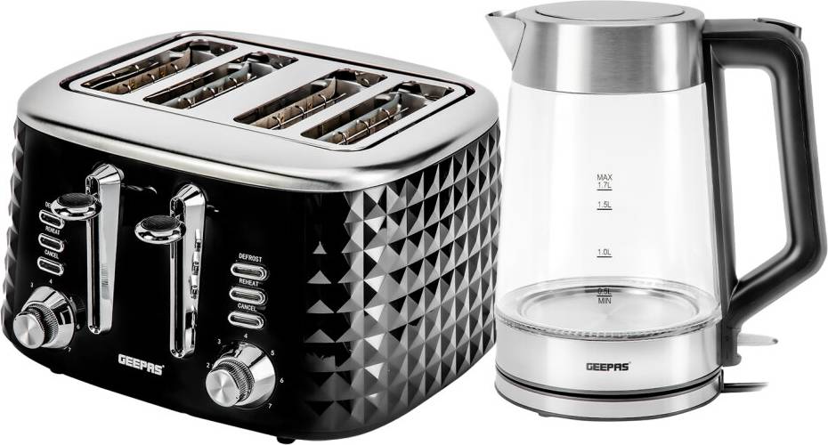 Glass toaster Geepas Kettle And Toaster Set 4 Slice Bread Textured Design