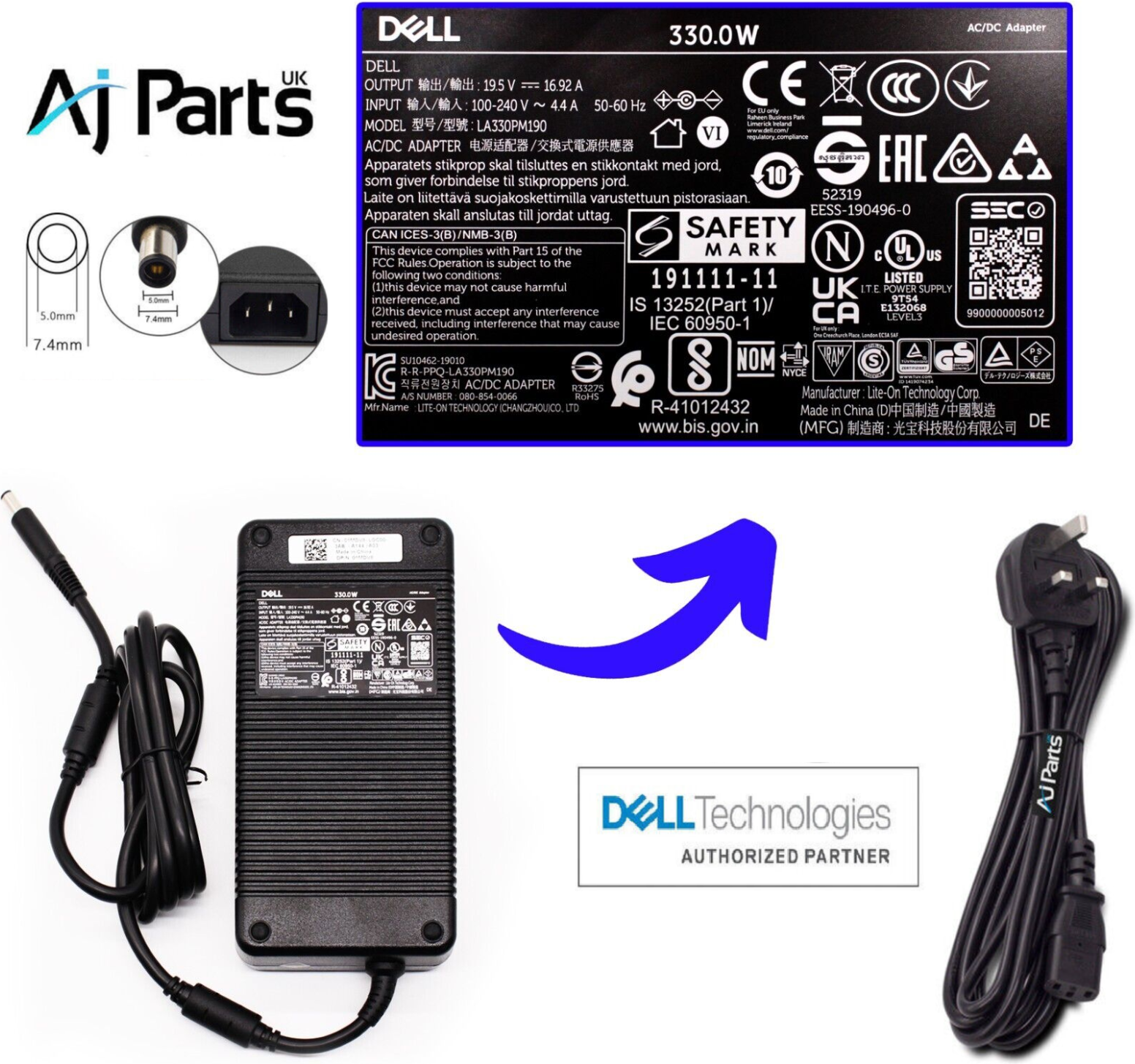 Dell 330W Charger Alienware X17 R1 R2 Area-51M R1 R2 08K4F9 8K4F9 8K4F9 8K4F9