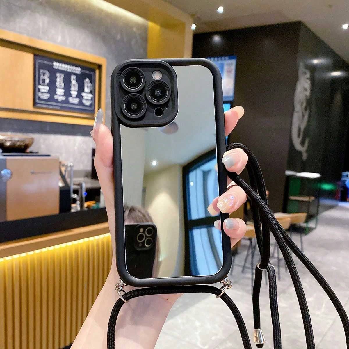 Shein pc Crossbody Rope Design Mirror Surface Protective Phone Case Compatible With IphoneGalaxyInfinixRedmi