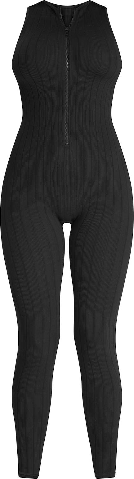 PrettyLittleThing Structured Contour Rib Racer Jumpsuit - Black