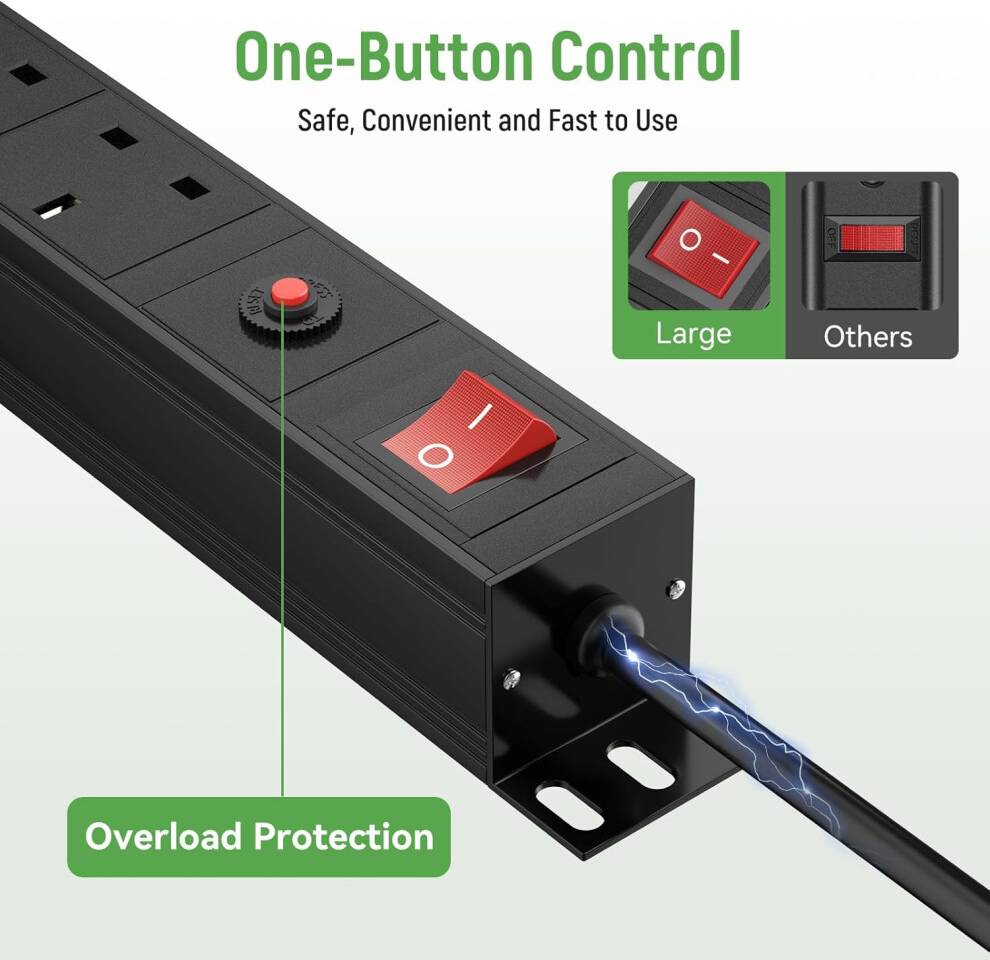 Extension lead with switch Surge Protected Extension Lead 3M, HANNELORE 7 Way Power Strip with Switch, Power Distribution Unit PDU Rack Mount Power Strip