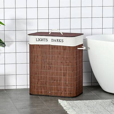 Laundry hamper with lid Homcom Collapsible Laundry Hamper Lid 2 Section - Brown