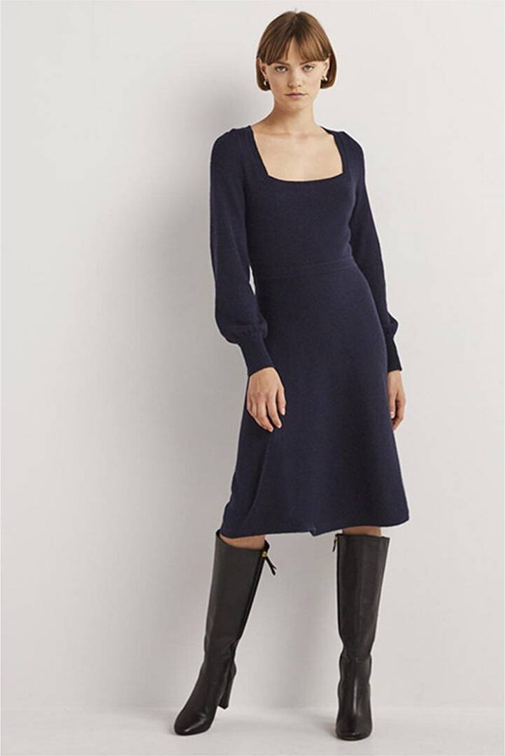 Square Neck Knitted Dress Nav - Blue