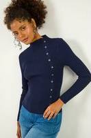High Neck Button Detail Rib Jumper - Navy