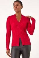 Roman Cable Split Detail Rib Jumper - Red