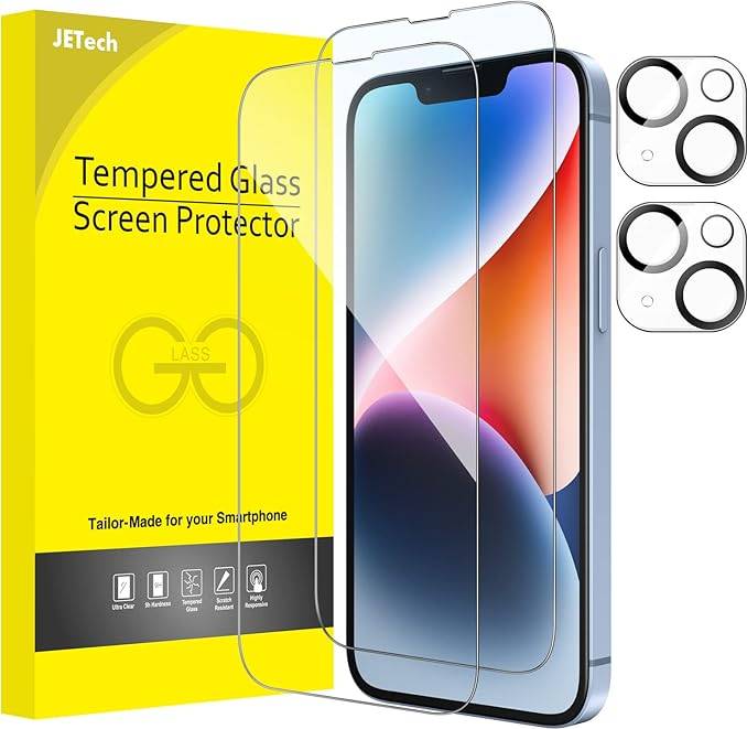 JeTech Full Coverage Screen Protector with Camera Lens Protector for iPhone 14 2-Pack