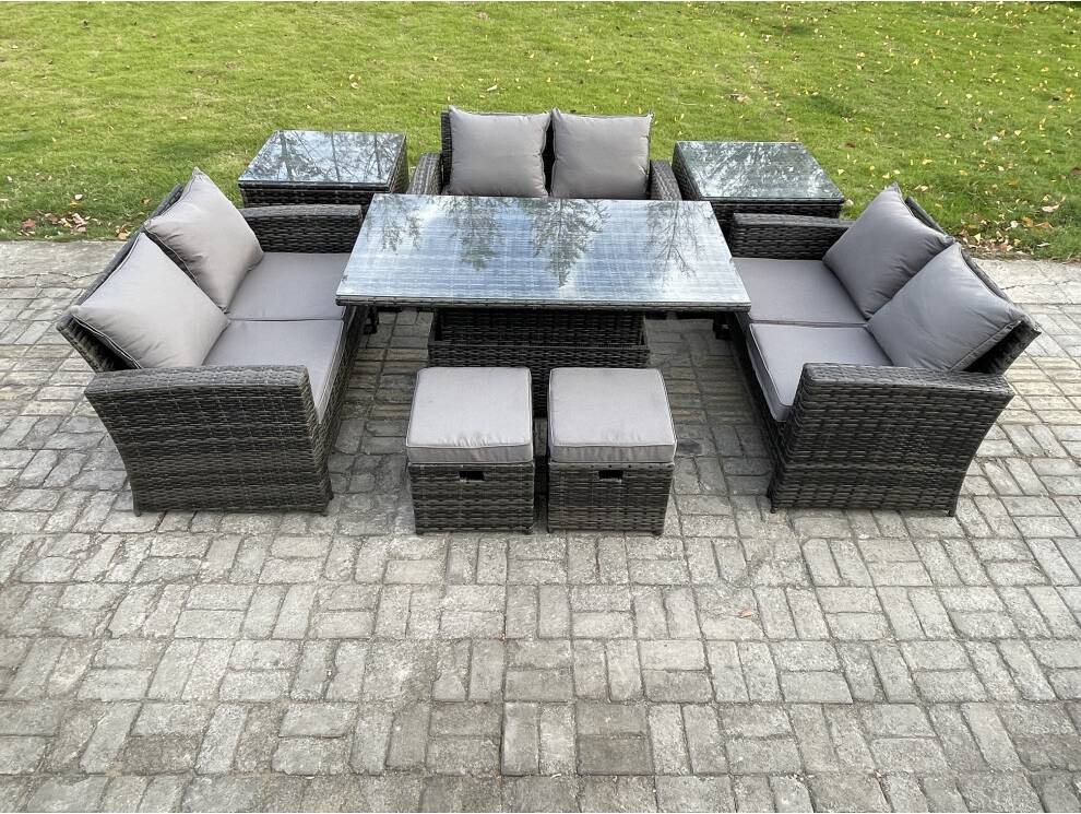 Height adjustable deck Fimous Wicker Height Adjustable Rising Lifting Table Sofa Patio Dining Set
