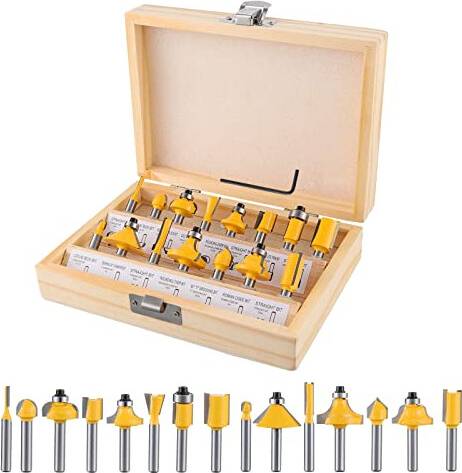 Guee 15 Pieces Router Bits, 6.35mm 1/4 Inch Shank Router Bits Set, Tungsten Carbide Router Bit Set with Wooden Box, Milling