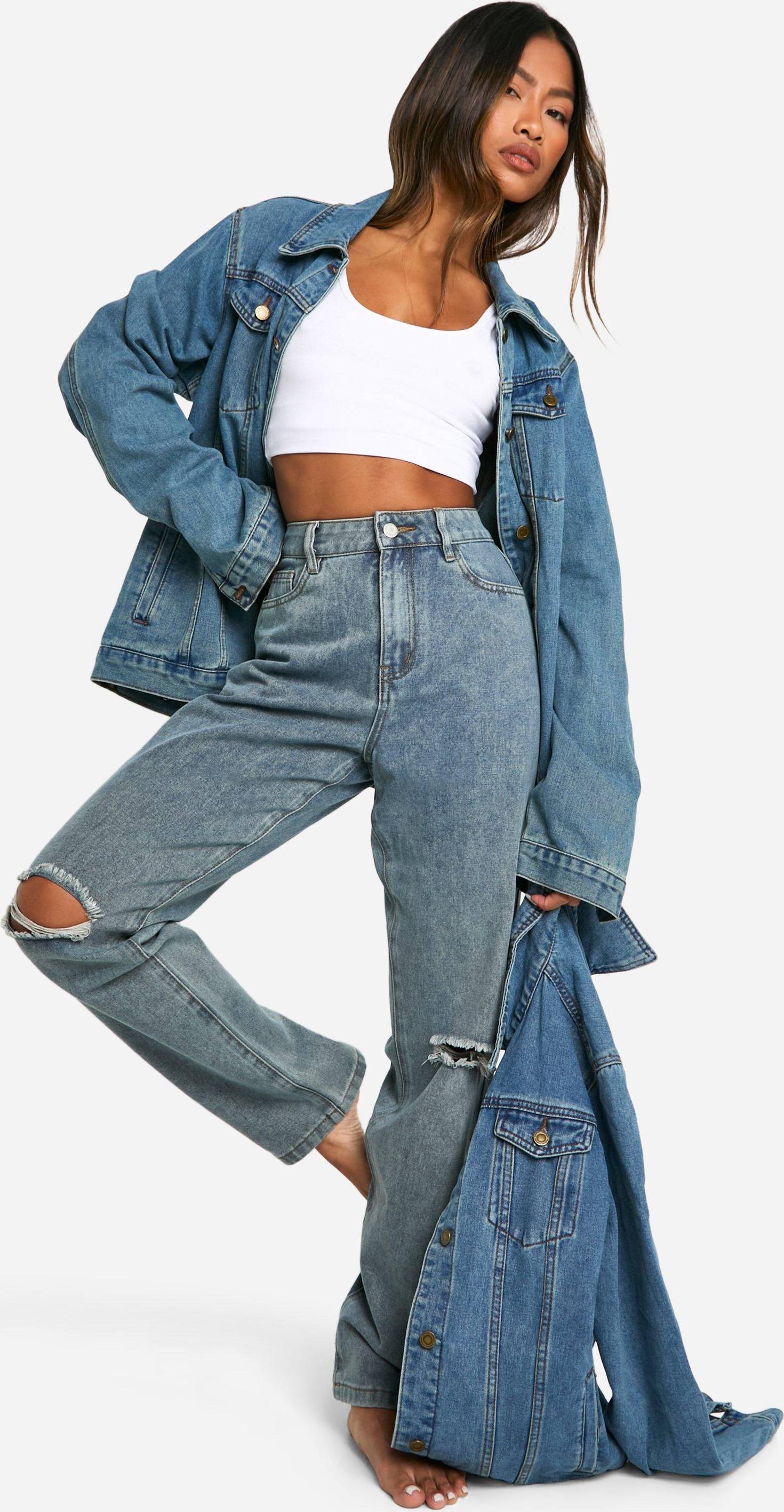 Basics High Waisted Ripped Knee Jeans - Washed Blue