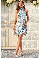 FS Collection Floral Print Halter Neck Tie Back Mini Dress In Grey Blue